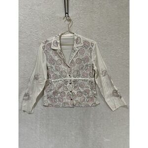J Jill White/Ivory Embroidered Floral Button Up Shirt Artsy Pink Green Boho Sz ?